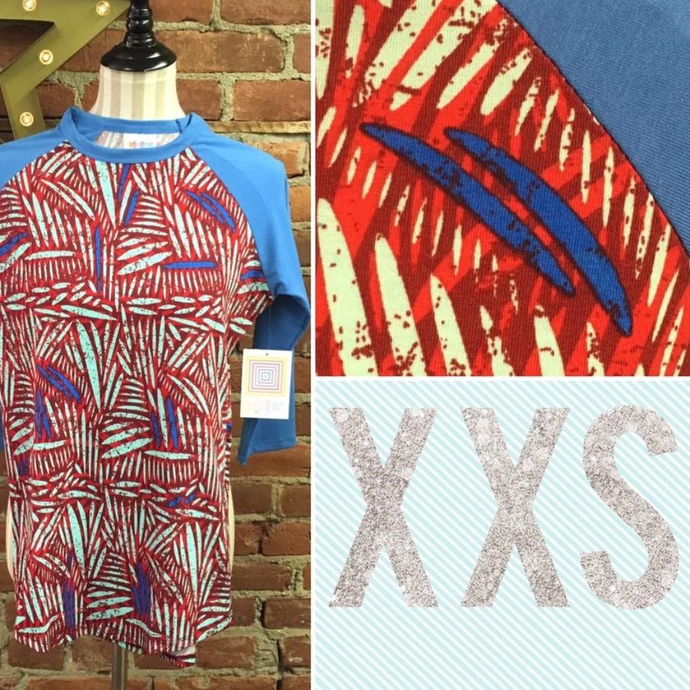 LuLaRoe LLR Randy raglan tee ★ medium blue + abstract feather print ★ size XXS